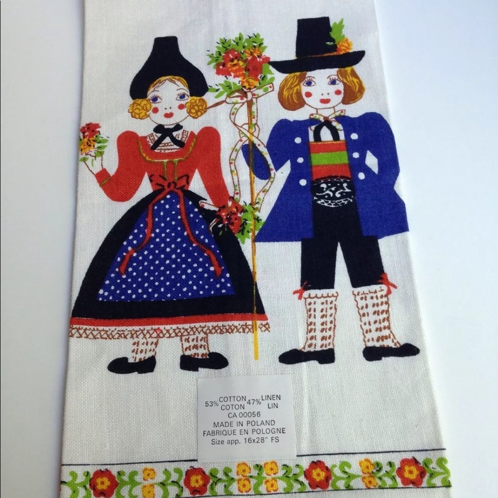 Vintage Kitchen Tea Towel Pilgrim Folk Boy/Girl Cotton Blend, Made in Poland